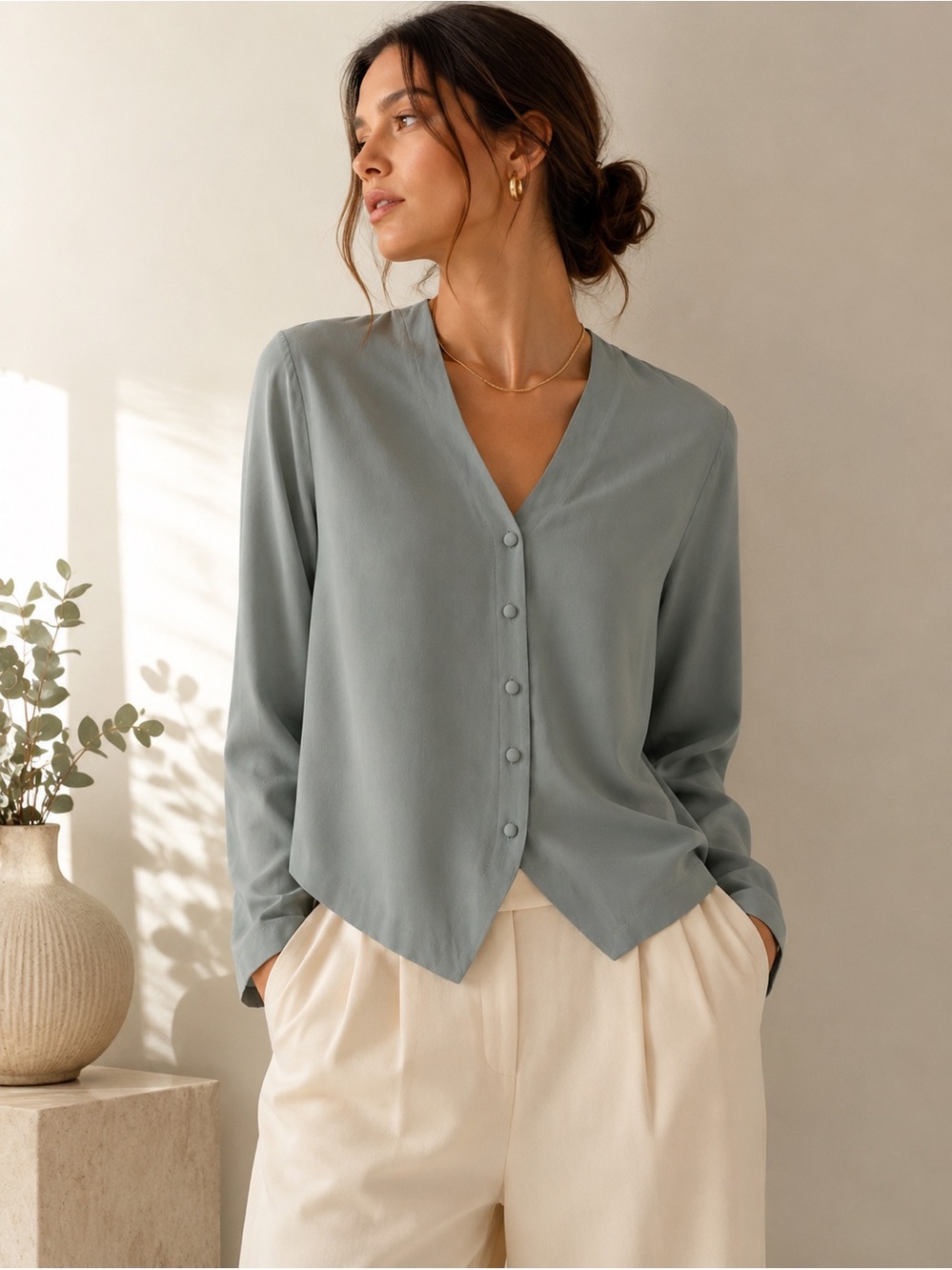 100% Silk Sage Blue Blouse Vintage Minimalist Capsule Wardrobe Top. Like New.